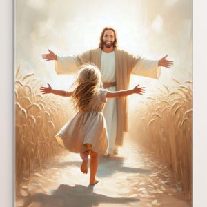 May include: A painting depicting a young girl running towards a man with open arms. The man is wearing a white robe and has a kind expression on his face. The background is a field of wheat.