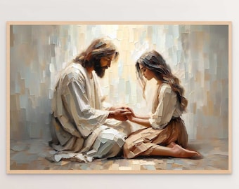 May include: A framed painting depicts two figures in a moment of prayer. One figure, with long hair and a beard, wears a white robe, while the other, with long hair, wears a light-colored outfit. The artwork is rendered in a textured, painterly style.