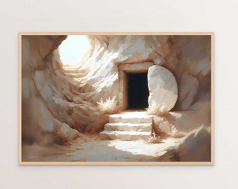 Resucitó, Arte cristiano de Pascua, La tumba está vacía, Arte digital de Jesús, Arte digital bíblico, PNG de Pascua, Imprimible cristiano, Imprimible bíblico