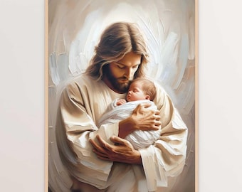 May include: A painting of Jesus holding a baby in his arms. Jesus is wearing a white robe and has long brown hair. The baby is sleeping peacefully in Jesus' arms.