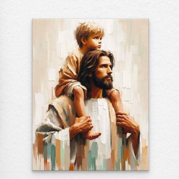 On His Shoulders, Jesus Christ and Little Boy, Christian Art, Bible Art, Jesus Painting, Christ and Children, Jesus With Kids Art, LDS Art