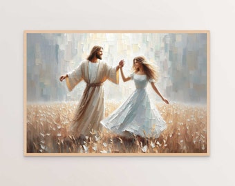 Dancing Together Landscape, Christian Wall Art, Jesus with Woman, Digital LDS Decor, Bible Painting, Digital Jesus Art, Jesus and Girl Dance