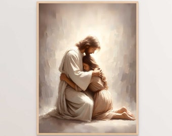 He Loves You, Christian Art, Jesus Hugging Woman, Jesus and Girl Art, Jesus Painting, Digital LDS Art, Bible Wall Art, Jesus Heals Woman Art