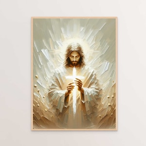 Puede incluir: Una pintura de un hombre con el pelo largo y barba sosteniendo una cruz blanca. El hombre lleva una t&uacute;nica blanca y est&aacute; rodeado de una luz dorada.