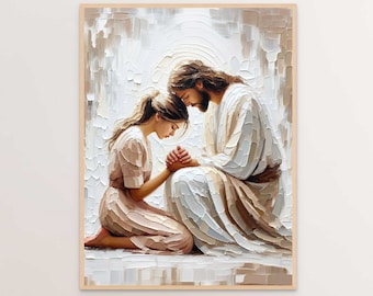 Puede incluir: Una pintura de un hombre y una mujer arrodillados y rezando juntos. El hombre lleva una túnica blanca y la mujer lleva un vestido blanco. La pintura está realizada en un estilo pictórico con pinceladas visibles.