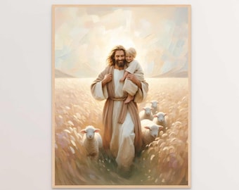 May include: A painting of Jesus Christ walking through a field of tall grass, carrying a young child on his shoulders. He is surrounded by a flock of white sheep. The painting is done in a realistic style with soft colors and a warm, inviting atmosphere.