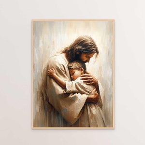 Amor y apoyo, pintura cristiana, Jesús abrazando a un niño, arte de Jesús como pastor, arte mormón, impresiones bíblicas, arte cristiano para guarderías, Jesús con niños
