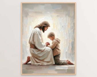 Jesus and Little Boy Praying, Christian Art, Jesus and Boy, Jesus and Kids, Jesus with Children, Jesus Art, Digital LDS Art, Bible Painting