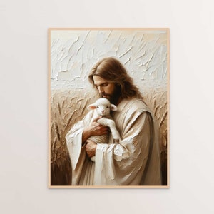 Jesús y el cordero bebé, arte cristiano, Jesucristo con el cordero, pintura de Jesús, arte mormón, pintura bíblica, arte mural de las Escrituras, arte Leave the 99