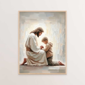 Jésus et le petit garçon en prière, Art chrétien, Jésus et son garçon, Jésus et ses enfants, Jésus avec les enfants, Art de Jésus, Art numérique SDJ, Peinture biblique