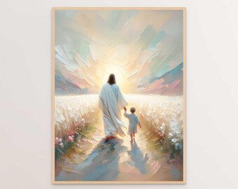 Follow His Light, Modern Christian Art, Jesus Walking with Boy, Jesus Christ Art, LDS Art, Bible Verse Wall Art, Christian Printable Art