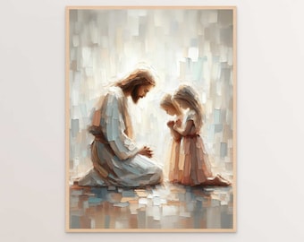 Puede incluir: Una pintura de un hombre y una niña pequeña arrodillados en oración. El hombre lleva una túnica blanca y la niña lleva un vestido rosa. El fondo es de un suave azul claro.