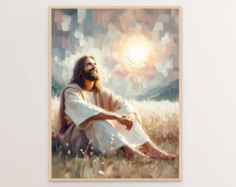 Sun and Smiles, Modern Christian Art, Jesus Portrait, Jesus Art, LDS Wall Art, Bible Printable, Christian Printable, Digital Bible Painting