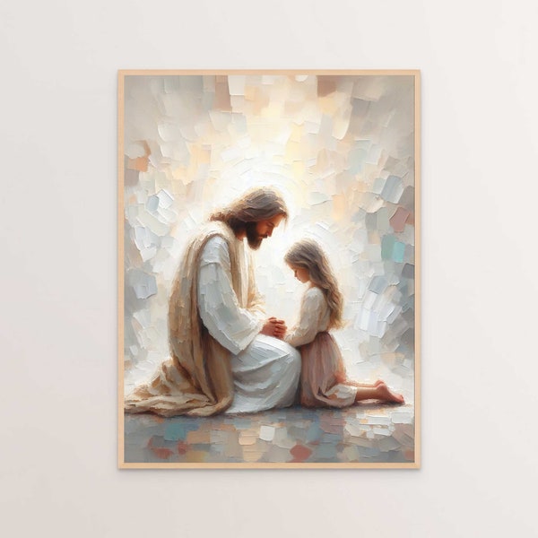 Jésus et sa petite fille en prière, art chrétien moderne, Jésus-Christ et sa petite fille, Jésus et ses enfants, portrait de Jésus, art mormone, peinture biblique