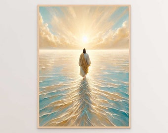 Jesus Walking on Water at Sunrise, Christian Art, Walk on Water Art, LDS Art, Bible Painting, Jesus Picture, Catholic Art, Jesus Printable