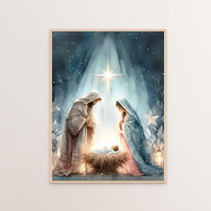 Birth of Jesus Art, Nativity Painting, Star of Bethlehem, Holy Family Painting, Joseph Virgin Mary and Baby Jesus, Christmas Christian Art