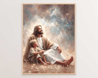 May include: A painting of Jesus and a young boy sitting together, looking up at a starry sky. The sky is painted in shades of blue and white, with a soft glow around the stars. Jesus is wearing a light brown robe, and the boy is wearing a white shirt and brown pants. They are both smiling and appear to be enjoying each other's company.