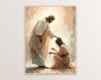 Jesus Heals the Bleeding Woman, Christian Painting, Jesus Heals a Woman, Jesus Portrait Art, LDS Printable, Bible Sketches, Printable Art