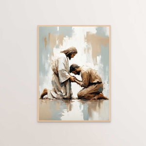 Puede incluir: Una pintura de dos figuras, una arrodillada y inclinando la cabeza hacia la otra. La figura de pie lleva una túnica blanca y tiene el pelo largo. La figura arrodillada lleva una túnica marrón. El fondo es un diseño abstracto azul claro y marrón.