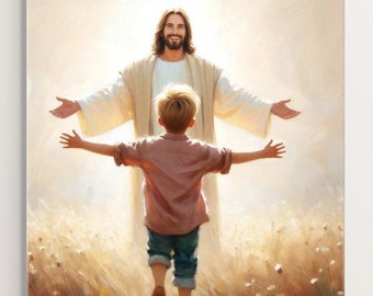 May include: A painting of Jesus Christ with outstretched arms, welcoming a young boy running towards him. The scene is set in a field of tall grass with a bright, golden light shining down on them.