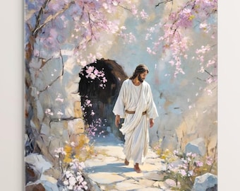 Puede incluir: Una pintura de un hombre con una túnica blanca caminando lejos de una tumba de piedra. La tumba está rodeada de flores rosas y el hombre camina hacia un camino bordeado de flores.