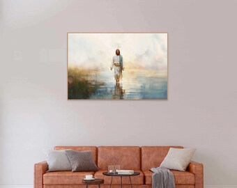 Toile Encadrée Jésus Marchant Sur L'Eau – Art Mural Religieux Déco
