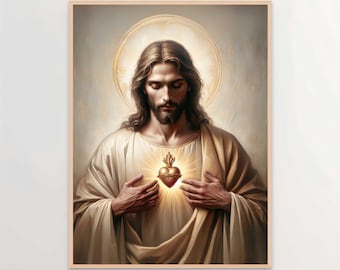 May include: A framed religious portrait depicts a figure with long brown hair and a beard, wearing a white robe. A golden halo surrounds the head. The figure's hands are placed near a glowing heart-shaped emblem on the chest.