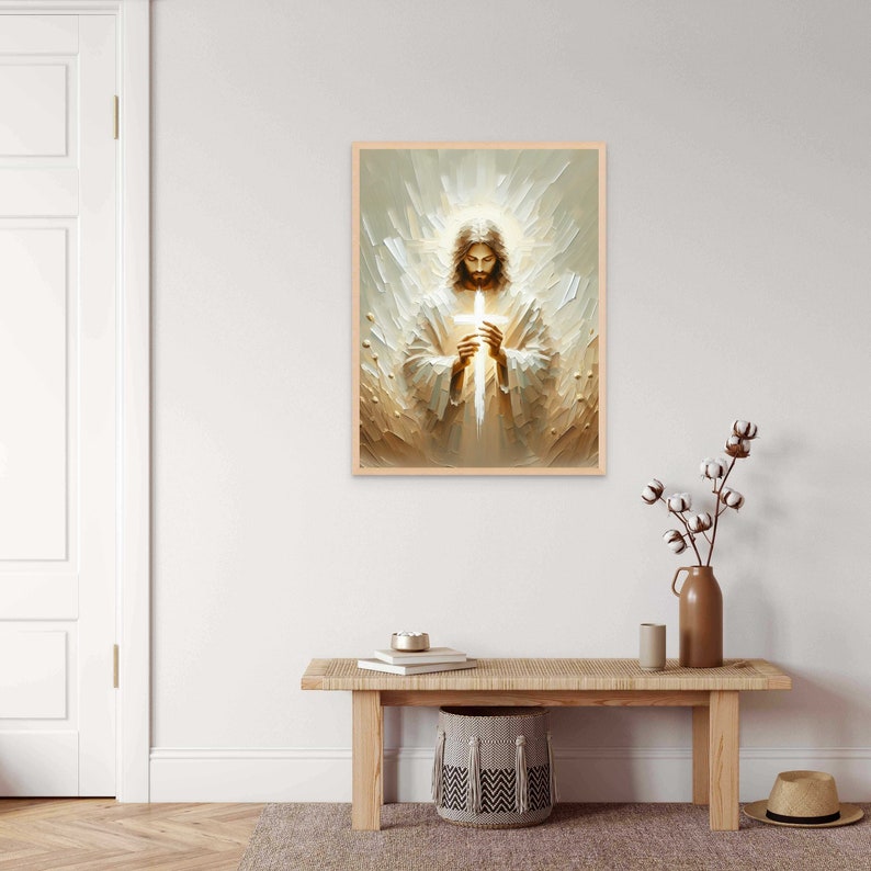 Puede incluir: Una pintura de Jes&uacute;s sosteniendo una cruz blanca frente a &eacute;l. Est&aacute; rodeado de una luz dorada y tiene una expresi&oacute;n suave en su rostro.