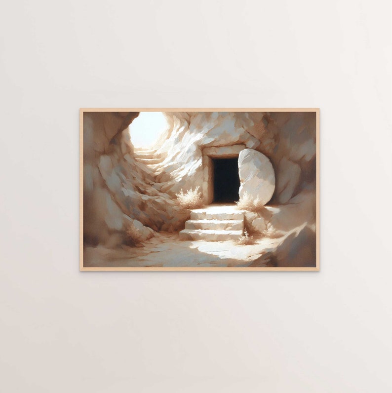 May include: A painting of a stone tomb with a large, round stone rolled away from the entrance. The tomb is lit by a bright light coming from inside. The stone steps leading up to the entrance are visible.