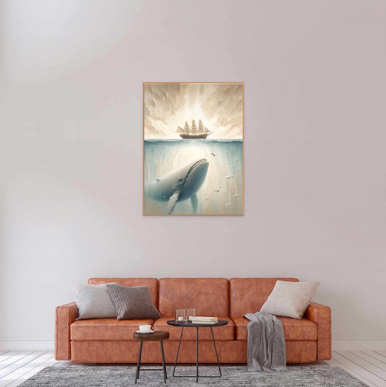 May include: A painting of a whale breaching the surface of the ocean, with a ship sailing above. The whale is light blue and the ship is brown. The background is a light blue sky with white clouds.