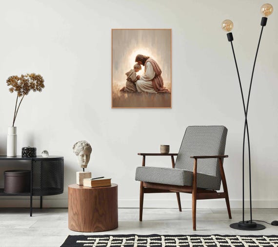 神聖な絆、キリスト教の壁画、祈るイエスと少年、キリストの絵、末日