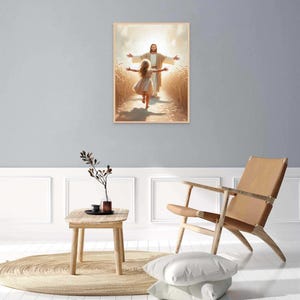 May include: A painting of Jesus with outstretched arms, standing in a field of wheat, with a young girl running towards him.