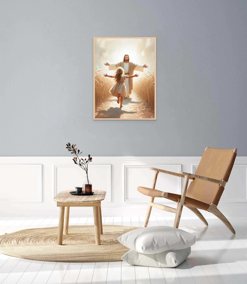 May include: A painting of Jesus with outstretched arms, standing in a field of wheat, with a young girl running towards him.