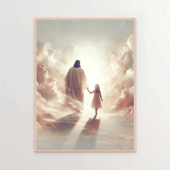 天国シリーズ「歩くイエスと少女」、現代キリスト教美術、少女とイエス