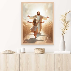 May include: A painting of Jesus with outstretched arms, standing in a field of wheat, with a young girl running towards him.