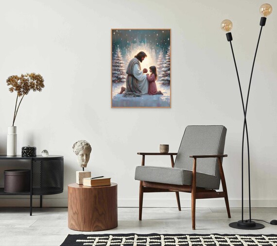 休日の祈り、キリスト教アート、少女と祈るイエス、イエスの版画、LDS