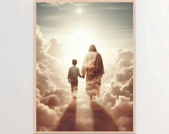 Heaven Series Jesus Walking with Boy, Christian Painting, Jesus and Boy, Picture of Jesus, LDS Art, Bible Prints, Jesus with Children