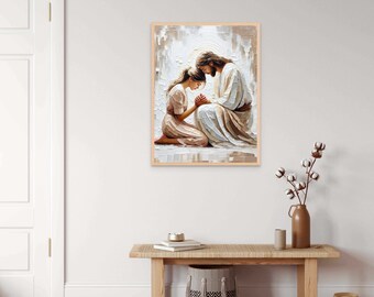 彼女の信仰、キリスト教の絵画、少女と祈るイエス、イエスと少女の絵画