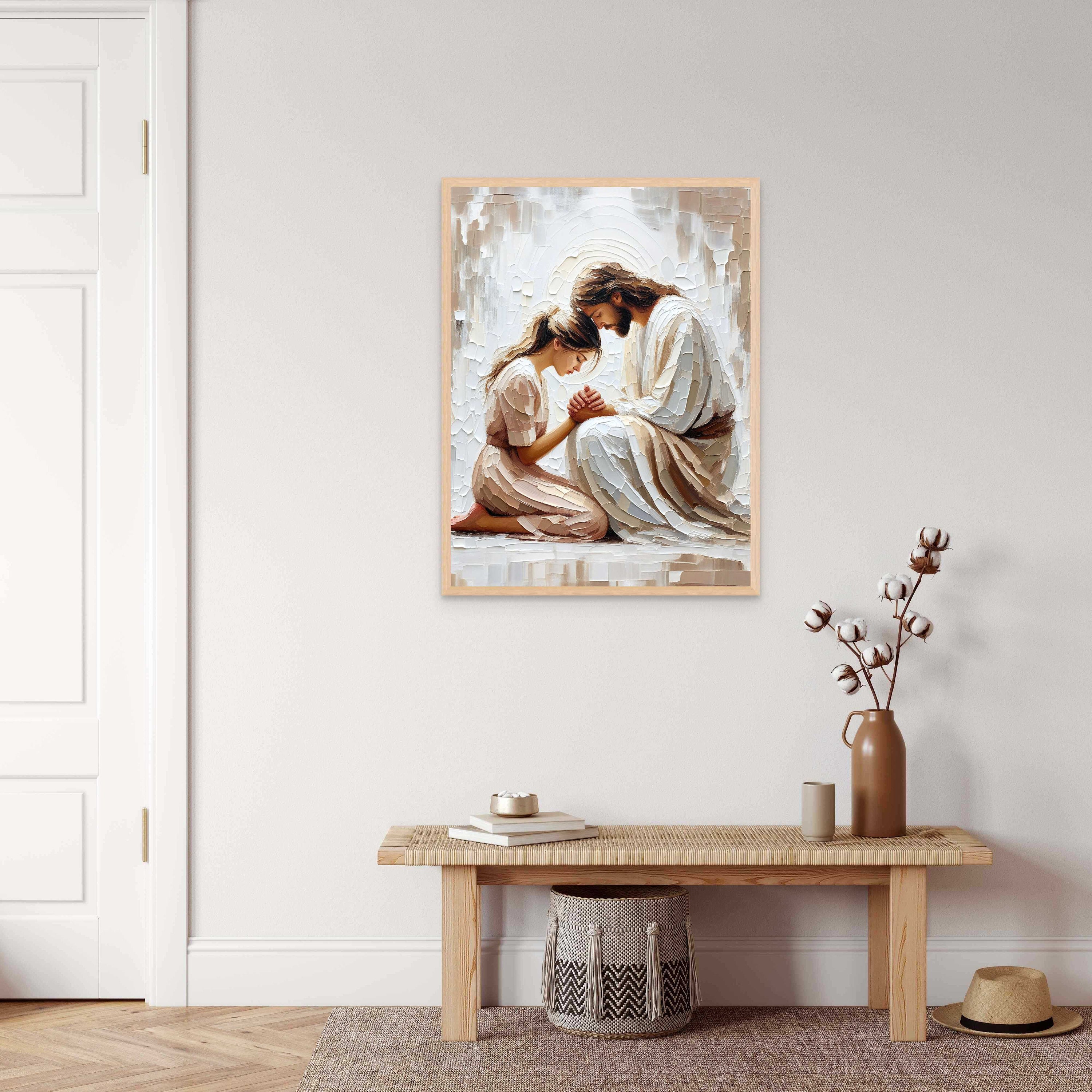 彼女の信仰、キリスト教の絵画、少女と祈るイエス、イエスと少女の絵画