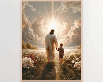 Vida en comunidad, Arte cristiano para la pared, Jesús caminando con un niño, Láminas artísticas de Jesús, Arte SUD, Biblia imprimible, Jesús con niños, Arte cristiano moderno