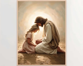 Fühlen Sie seine Liebe, christliche Wandkunst, Jesus beten mit Mädchen, Bild von Jesus, Kinderzimmerdekor, Bibelmalerei, Jesus mit Kindern, Jesus-Wandkunst