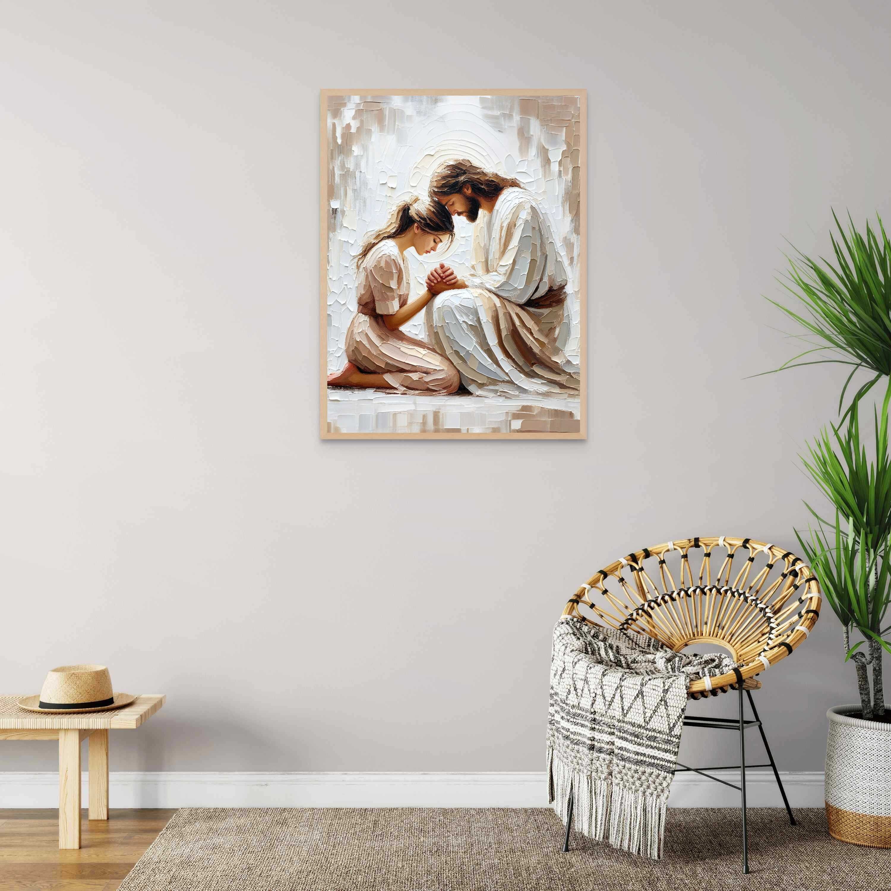 彼女の信仰、キリスト教の絵画、少女と祈るイエス、イエスと少女