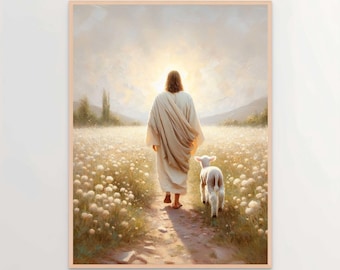Jesus Leaves the 99, Christian Art, Jesus and the Lamb, Jesus Shepherd Art, LDS Art, Bible Art, Jesus Painting, Religious Art, Christ Poster