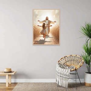 May include: A painting of Jesus with outstretched arms, standing in a field of wheat, with a young girl running towards him.