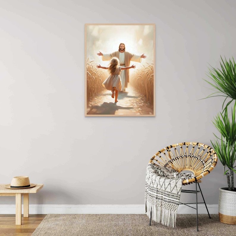May include: A painting of Jesus with outstretched arms, standing in a field of wheat, with a young girl running towards him.