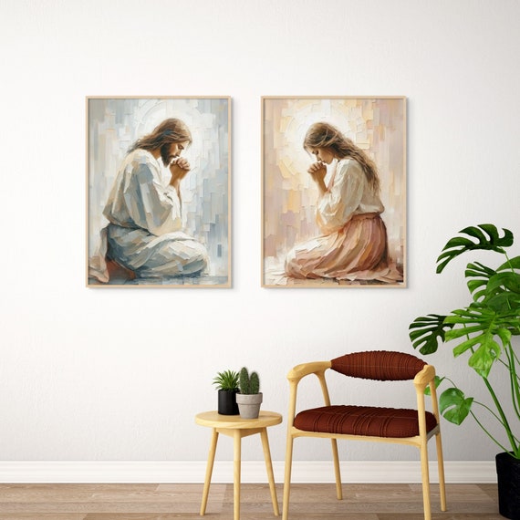 油絵 菅家令子 絵 絵画インテリア 額付(銀) F4-030719 祈り 母子像 一緒に祈る、キリスト教の絵画、少女と祈るイエス、イエスのアート
