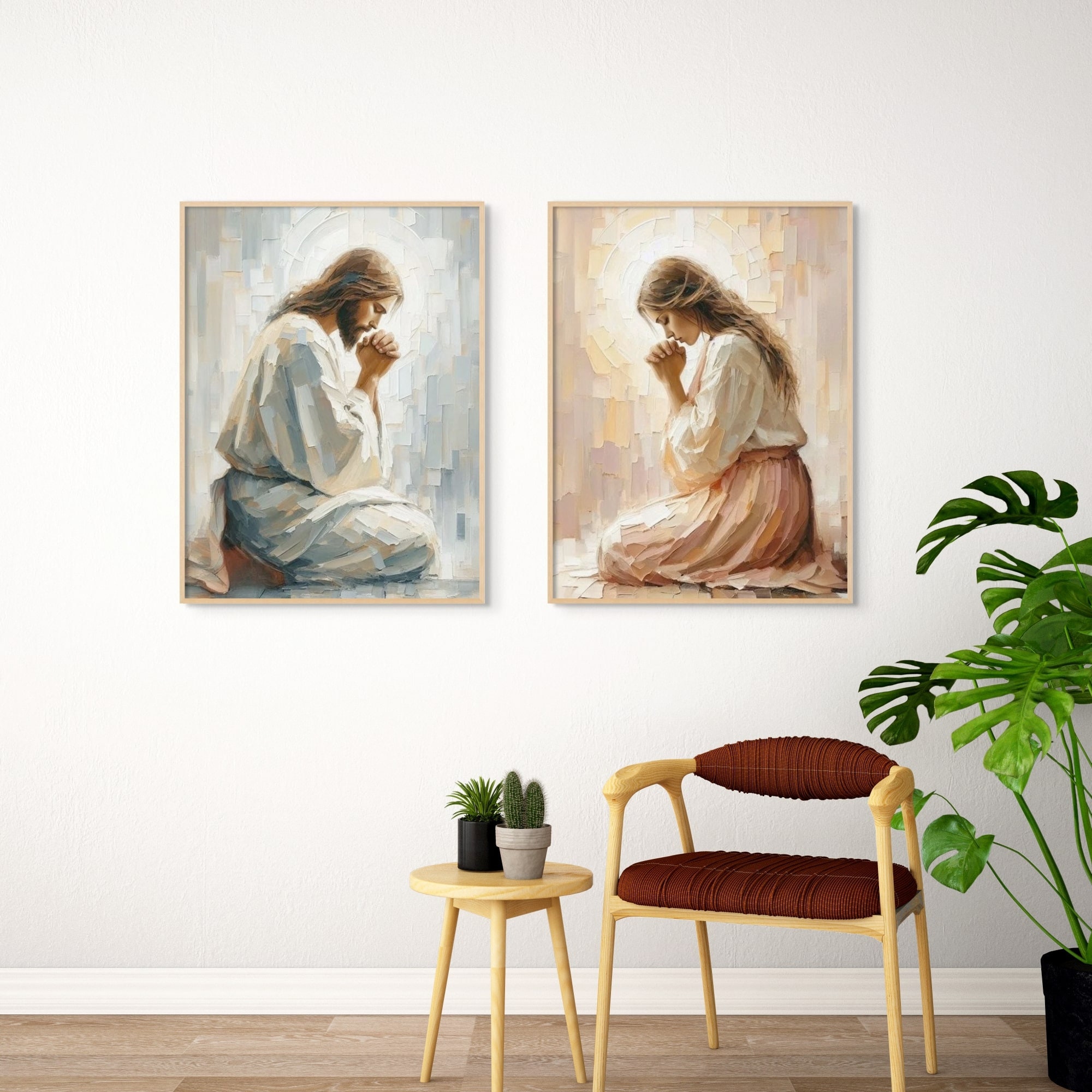 一緒に祈る、キリスト教の絵画、少女と祈るイエス、イエスのアート