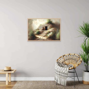 May include: A painting of a stone tomb with a large, round stone rolled away from the entrance. The tomb is set against a backdrop of a green, grassy hill and a bright, cloudy sky. The scene is reminiscent of the biblical story of the resurrection of Jesus Christ.