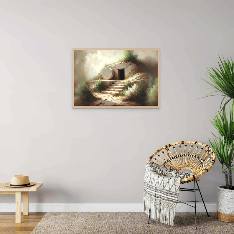 May include: A painting of a stone tomb with a large, round stone rolled away from the entrance. The tomb is set against a backdrop of a green, grassy hill and a bright, cloudy sky. The scene is reminiscent of the biblical story of the resurrection of Jesus Christ.