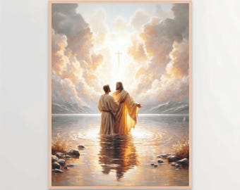 Puede incluir: Una pintura que representa una escena religiosa de dos figuras de pie en un cuerpo de agua. La figura de la derecha lleva una túnica blanca y tiene un halo. La figura de la izquierda lleva una túnica marrón. El fondo es un cielo nublado con una cruz brillando a través de las nubes.